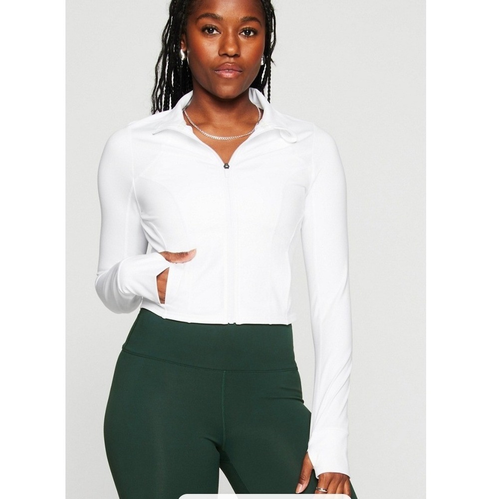 Fabletics Perfect Storm White Cropped Zip Athletic Track Jacket Slim Fit Medium